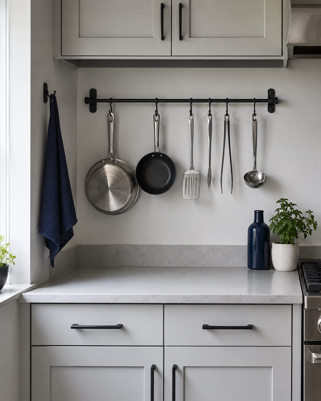 Contemporary kitchen cooking wall with a restrained rail for pans and utensils beside clear workspace