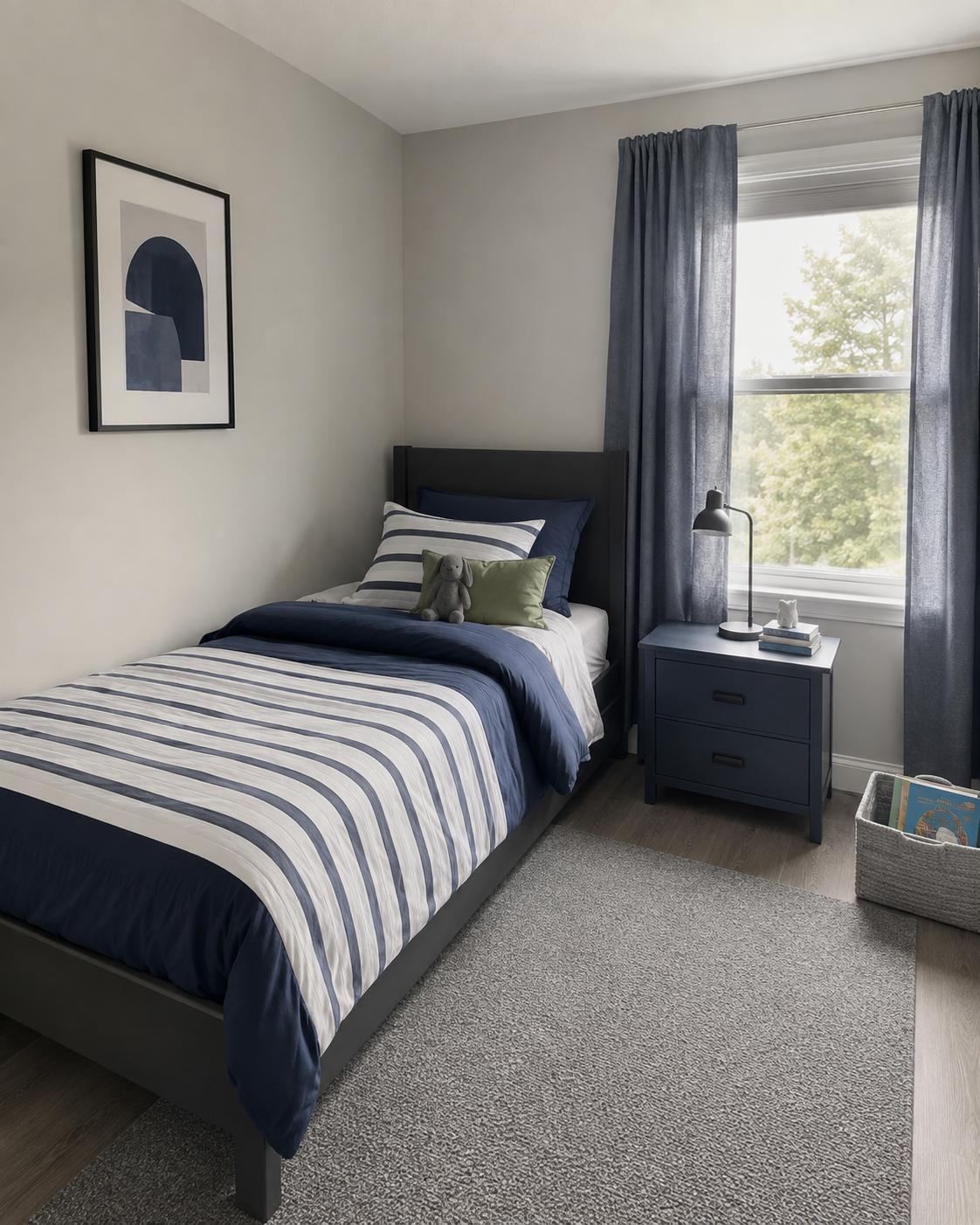 Compact kids room using the Calm Graphic route with a restrained navy stripe and muted green accent.