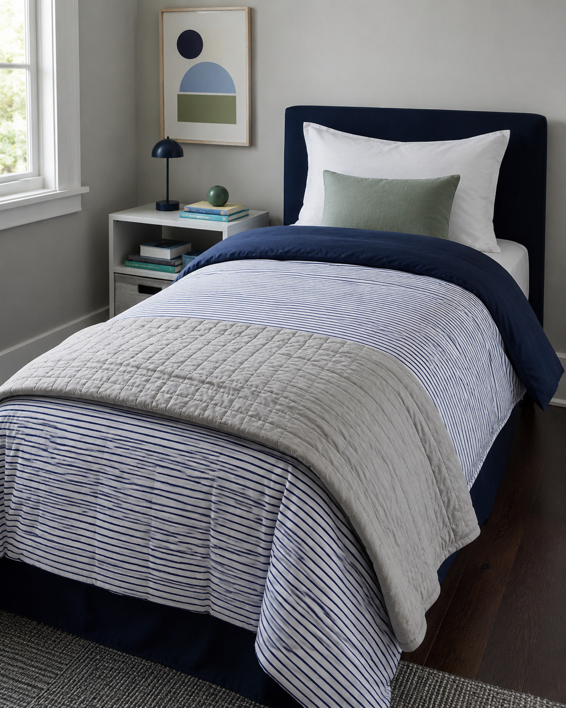 Calm graphic kids bedding route with restrained navy stripes and quiet neutral layers.