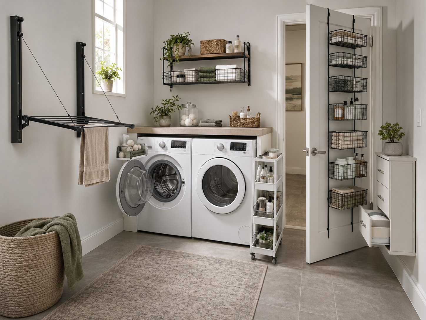 Compact laundry room showing an open washer door, pull-out cart, wall drying rack, over-door organiser and open storage drawer.