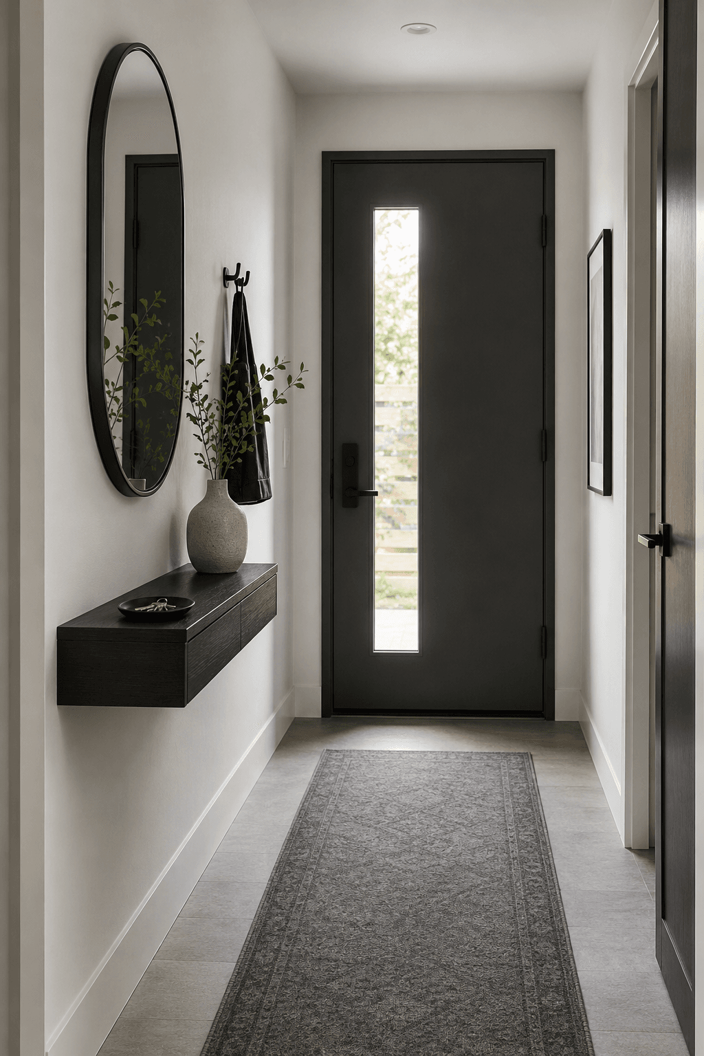 Entryway Furniture - Ravnora Decor Narrow contemporary entryway with a shallow floating landing surface and an unobstructed walking path.