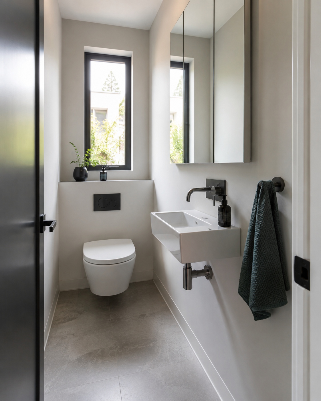 Small bathroom using wall-mounted fixtures to preserve circulation