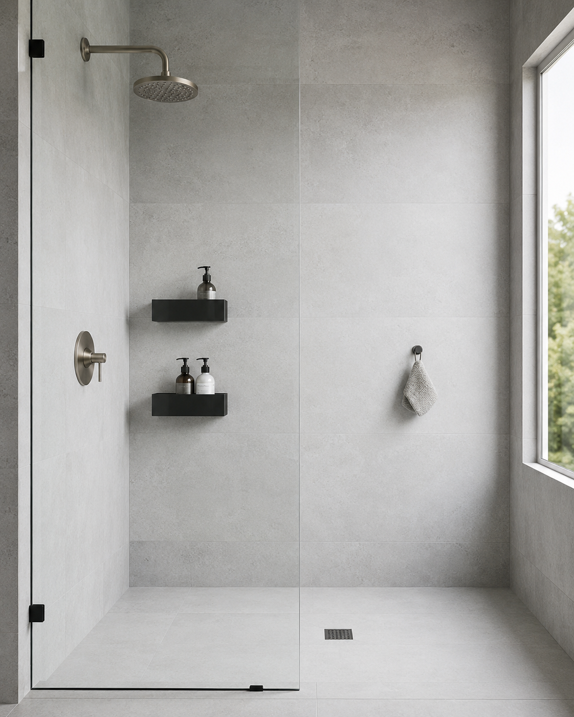 Minimal clear-glass shower with restrained wall-mounted storage and an open uncluttered floor.