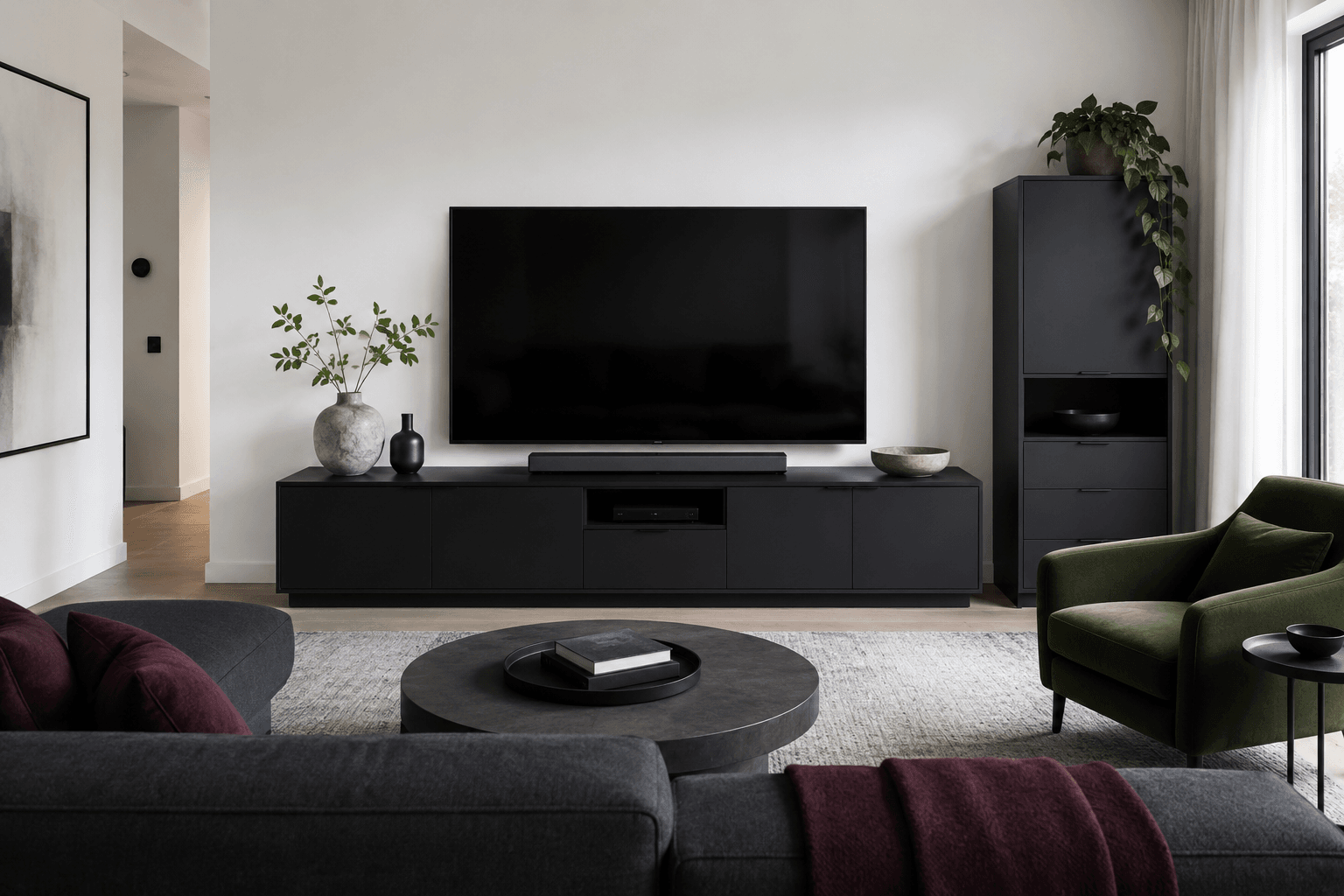 Living Room Storage - Ravnora Decor Modern media wall with closed TV storage and concealed electronics clutter.