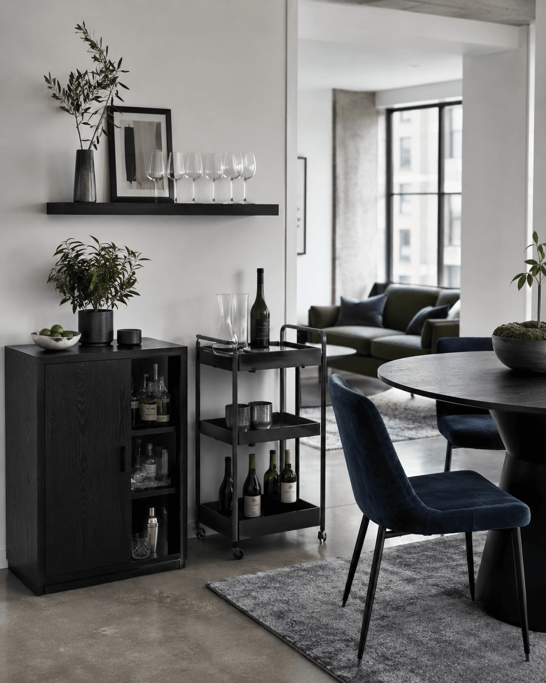 Compact dining-room drinks station with narrow bar cabinet and rolling cart