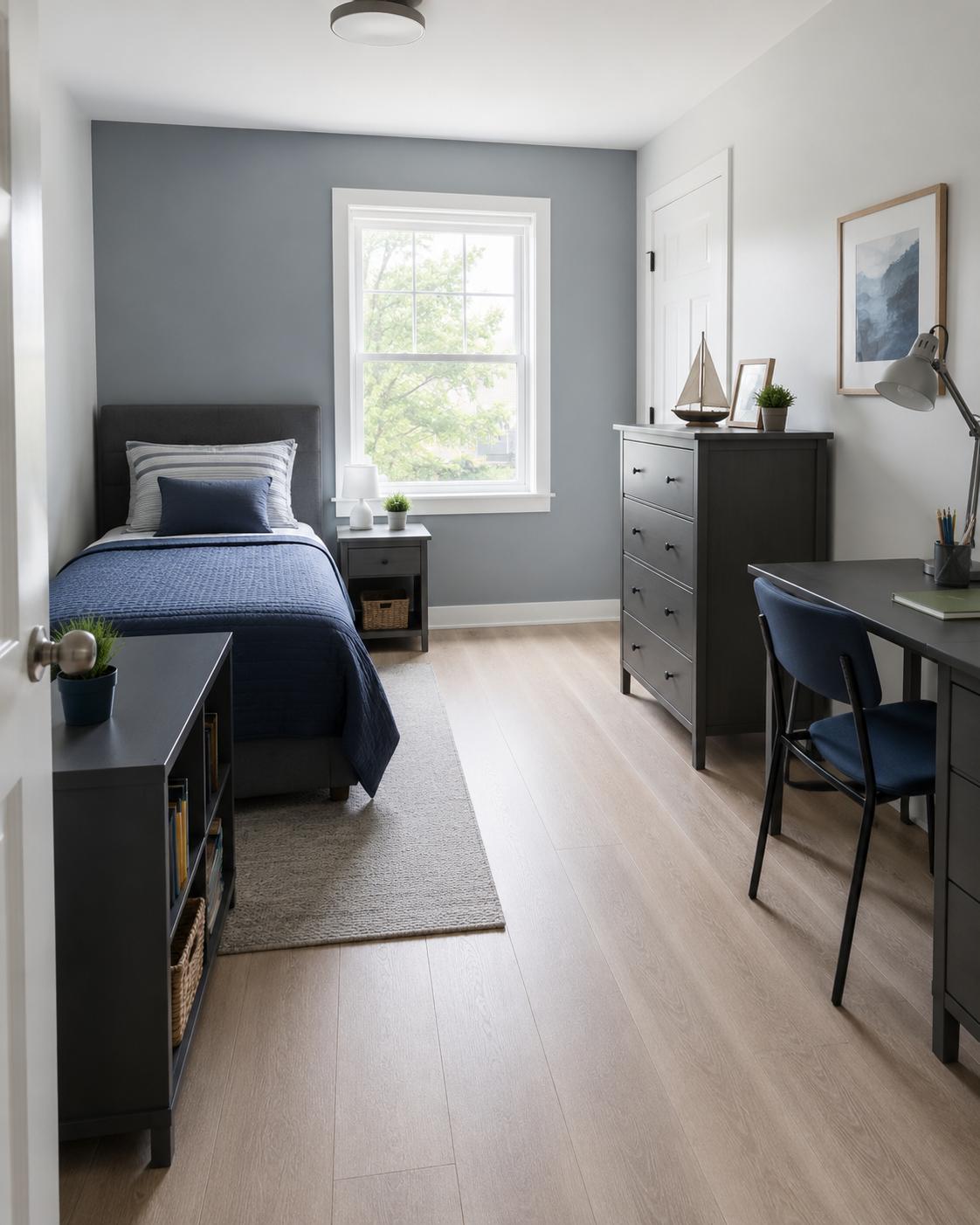Compact kids room with a twin bed, dresser, study desk and book storage arranged around a clear walking path.