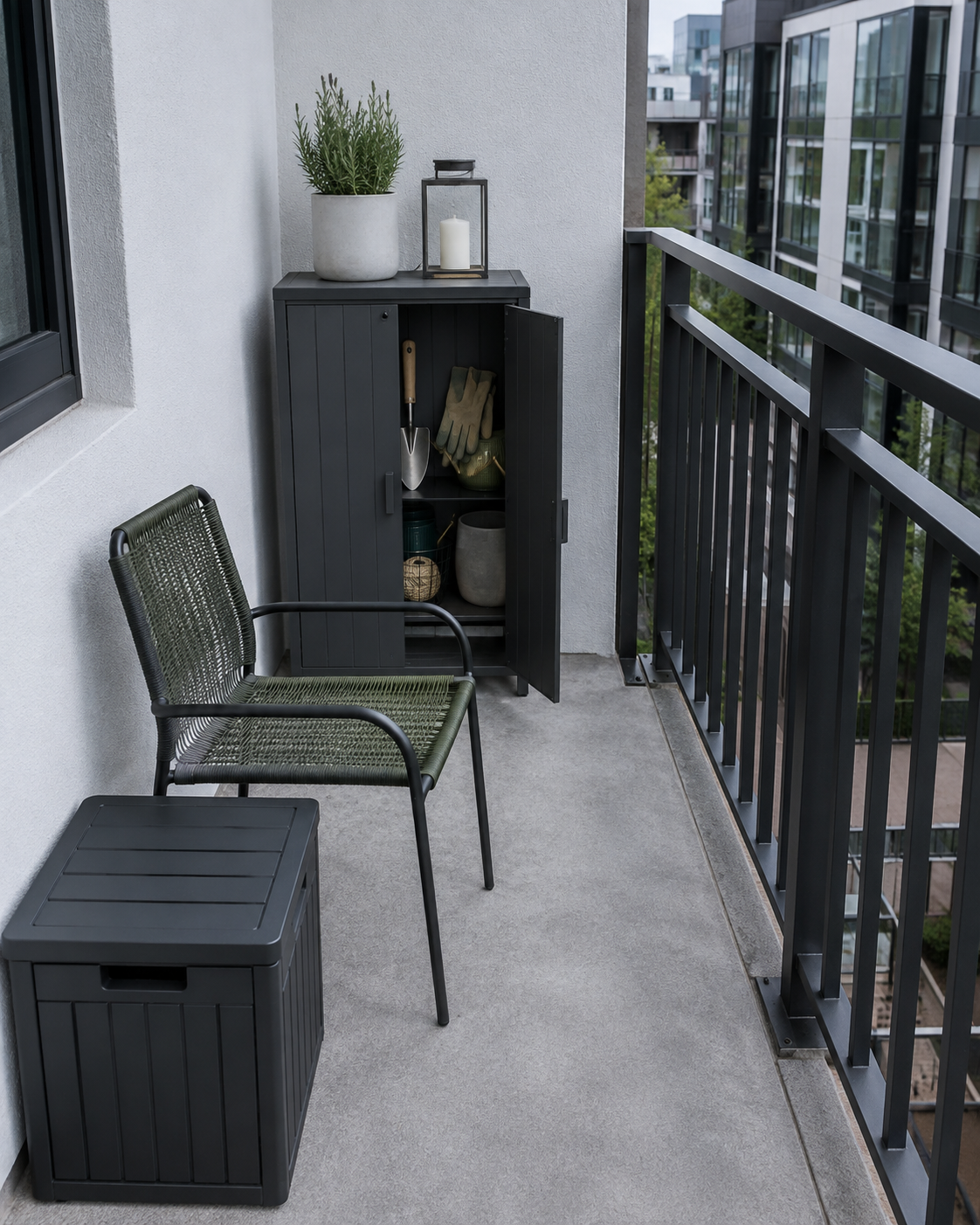 Small apartment balcony with a compact utility cabinet and small accessory box leaving the central floor route open.