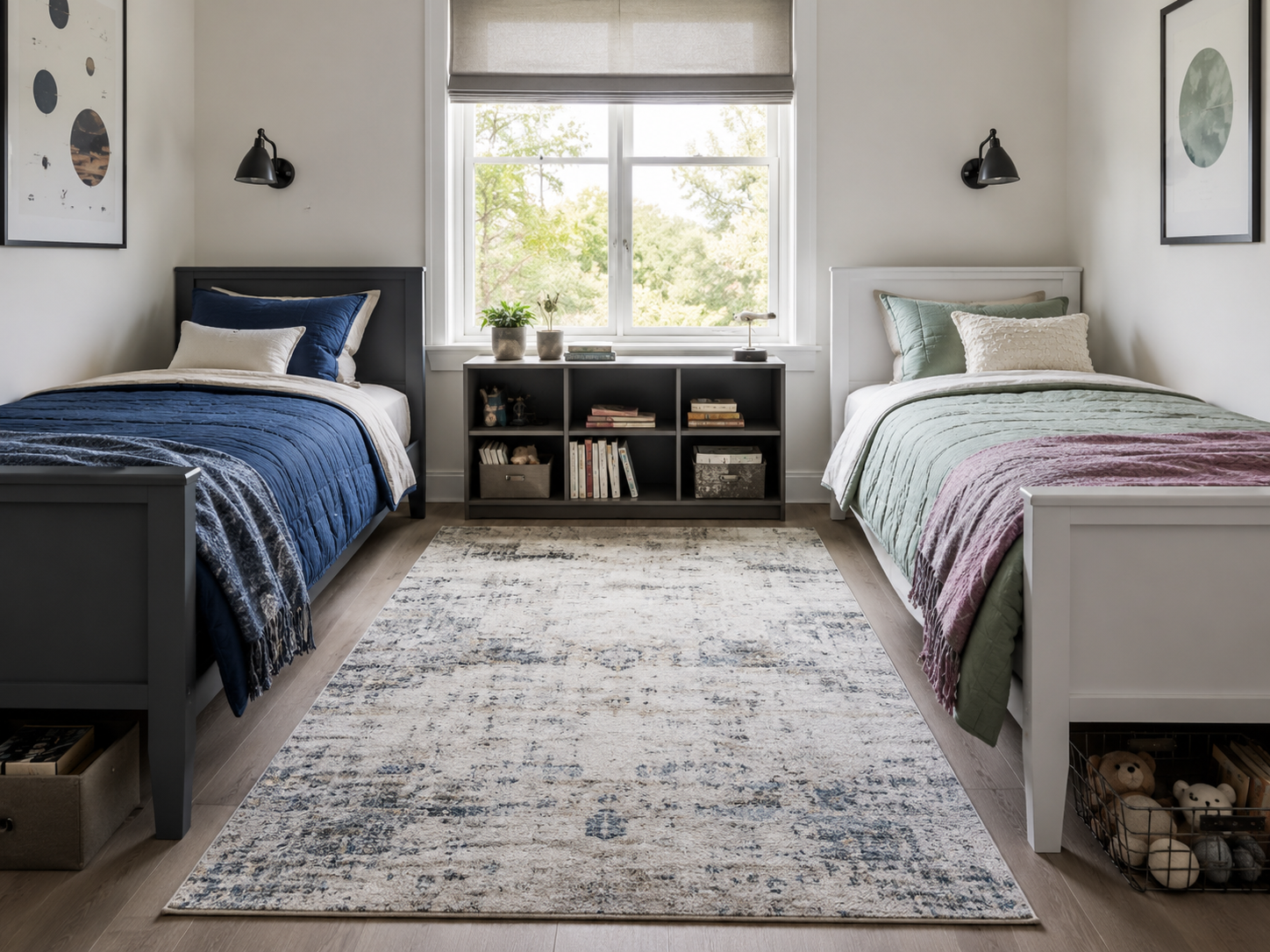 Compact shared kids bedroom using one central rug to connect two beds while preserving the walking route