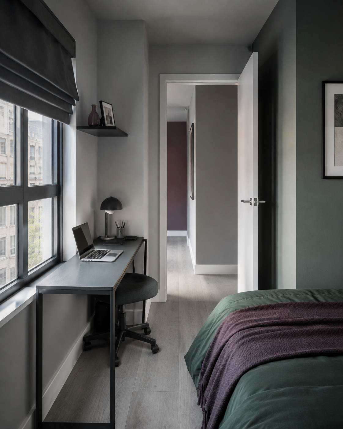 Compact office chair tucked beneath a small bedroom workspace