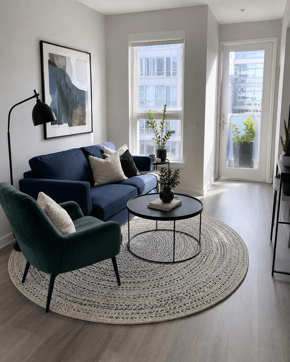 Compact apartment living room using a round rug to define a small seating area.