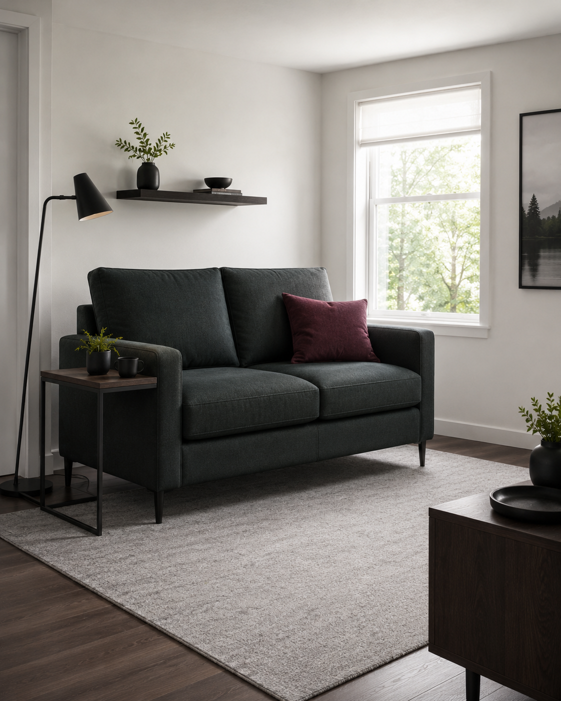 Small living room prioritizing one comfortable compact sofa with minimal supporting furniture.