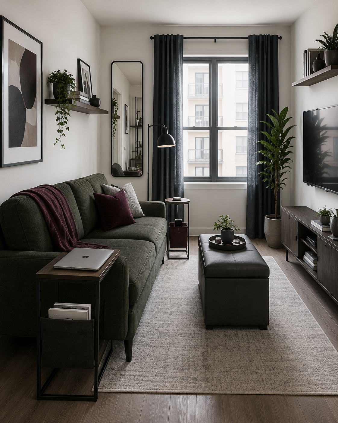 Flexible small living room using convertible seating and movable multifunction furniture for work and occasional guests.