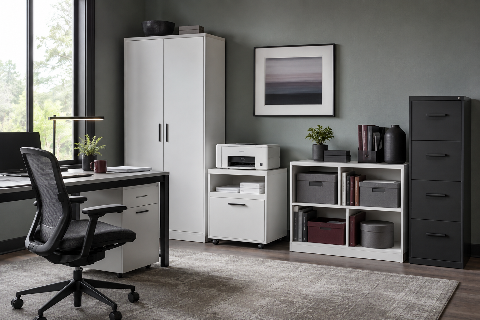 Home office storage wall combining tall cabinet, printer station, shelving and filing
