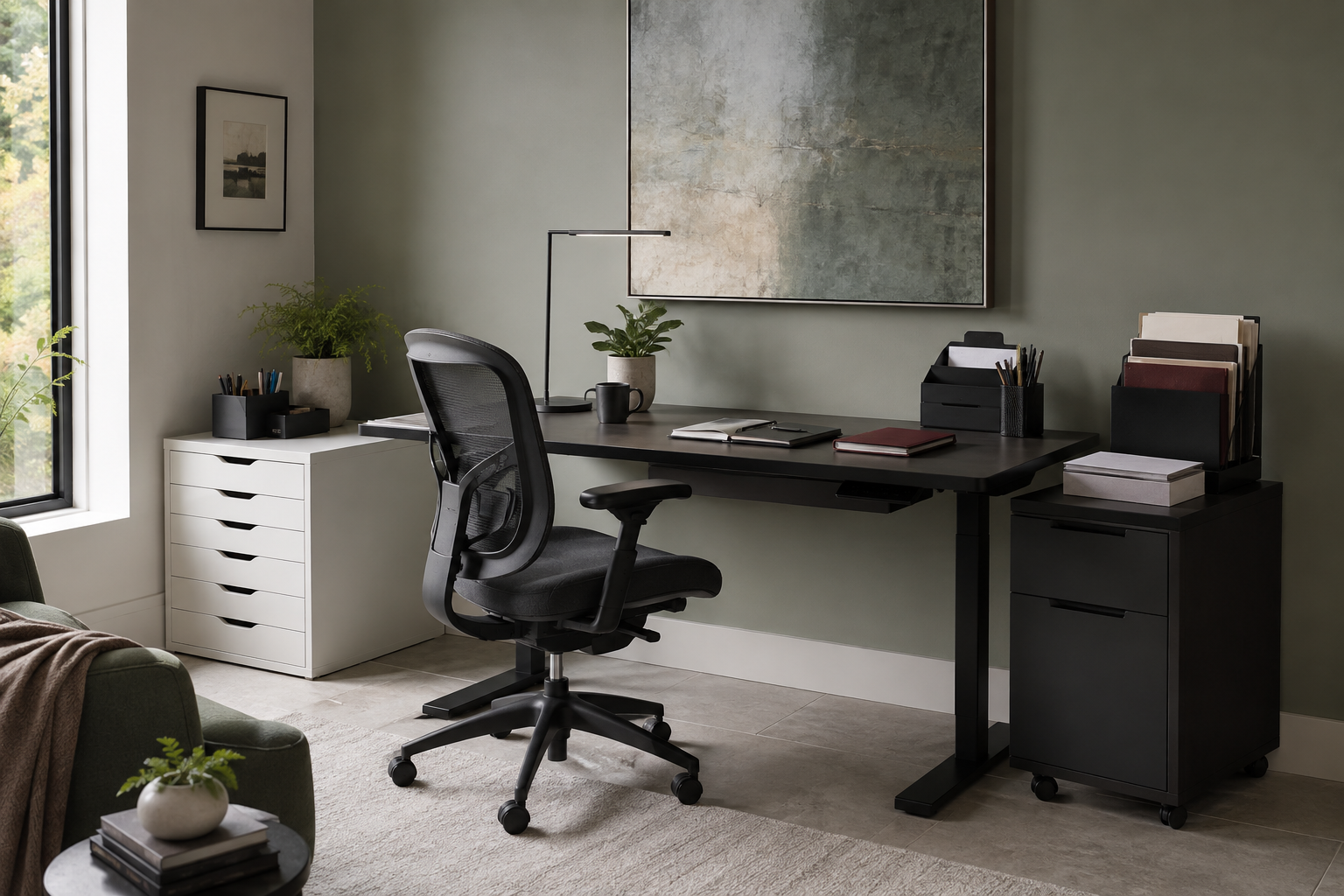 Modern home office with drawer storage and a controlled desktop for an easy daily reset