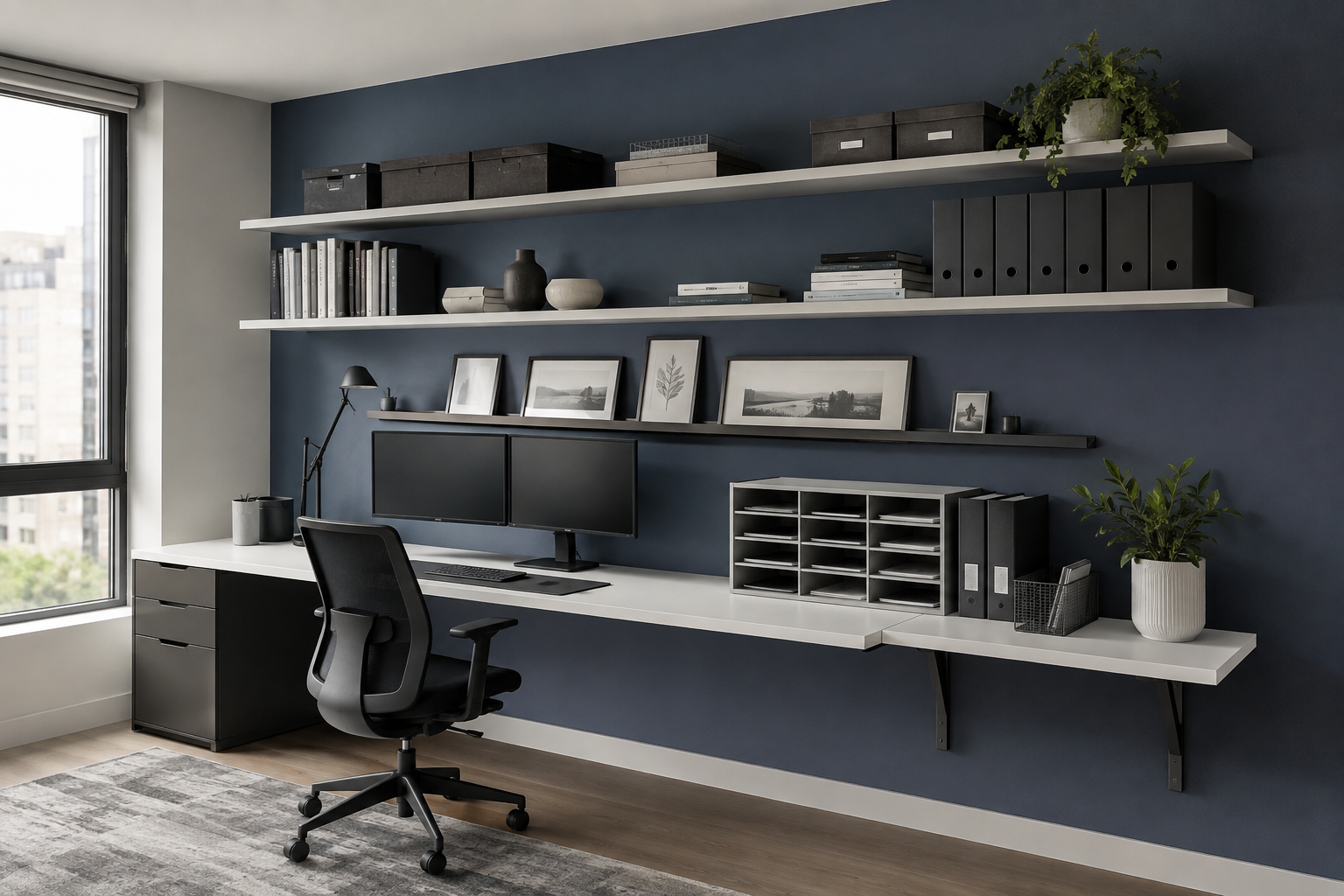 Complete floating reference wall with layered office shelves and contained paper storage