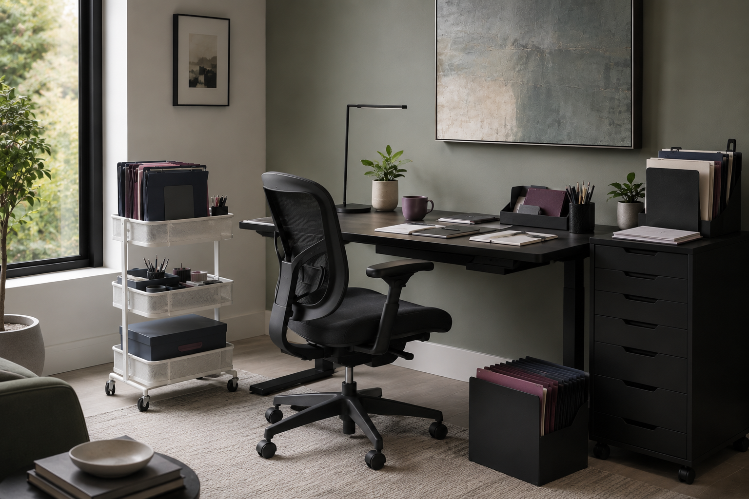 Home office project station with rolling cart, filing and compact supply storage