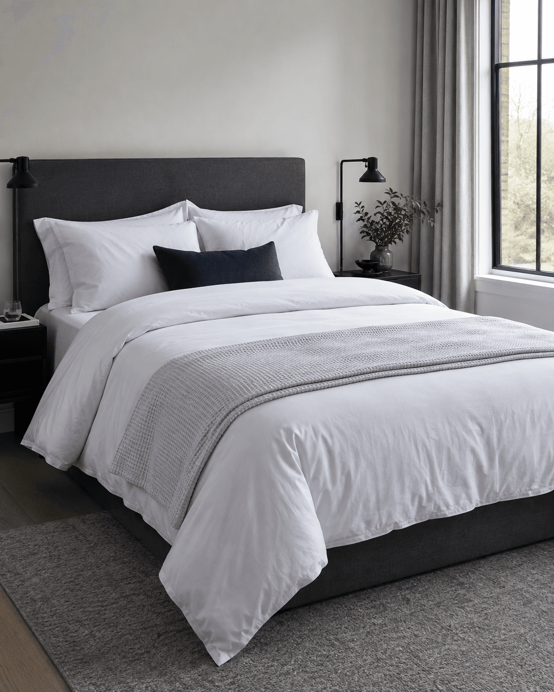 Cool and crisp bedroom bedding route with clean light layers.
