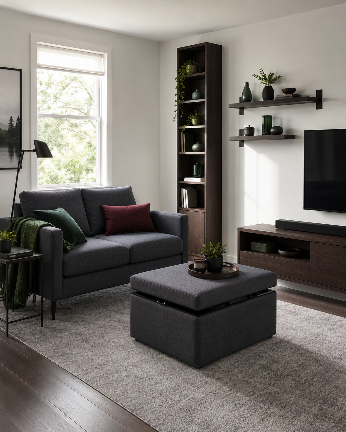 Compact living room using hidden ottoman storage, vertical shelving and wall storage to reduce clutter.