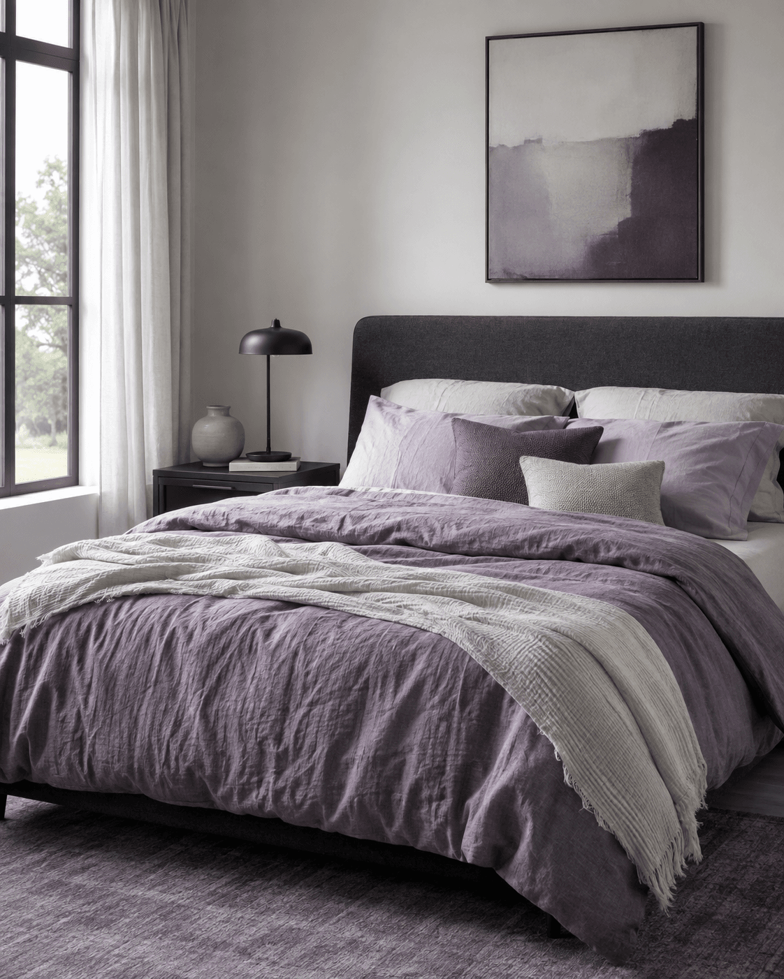 Soft and relaxed bedroom bedding route with gentle layered texture.