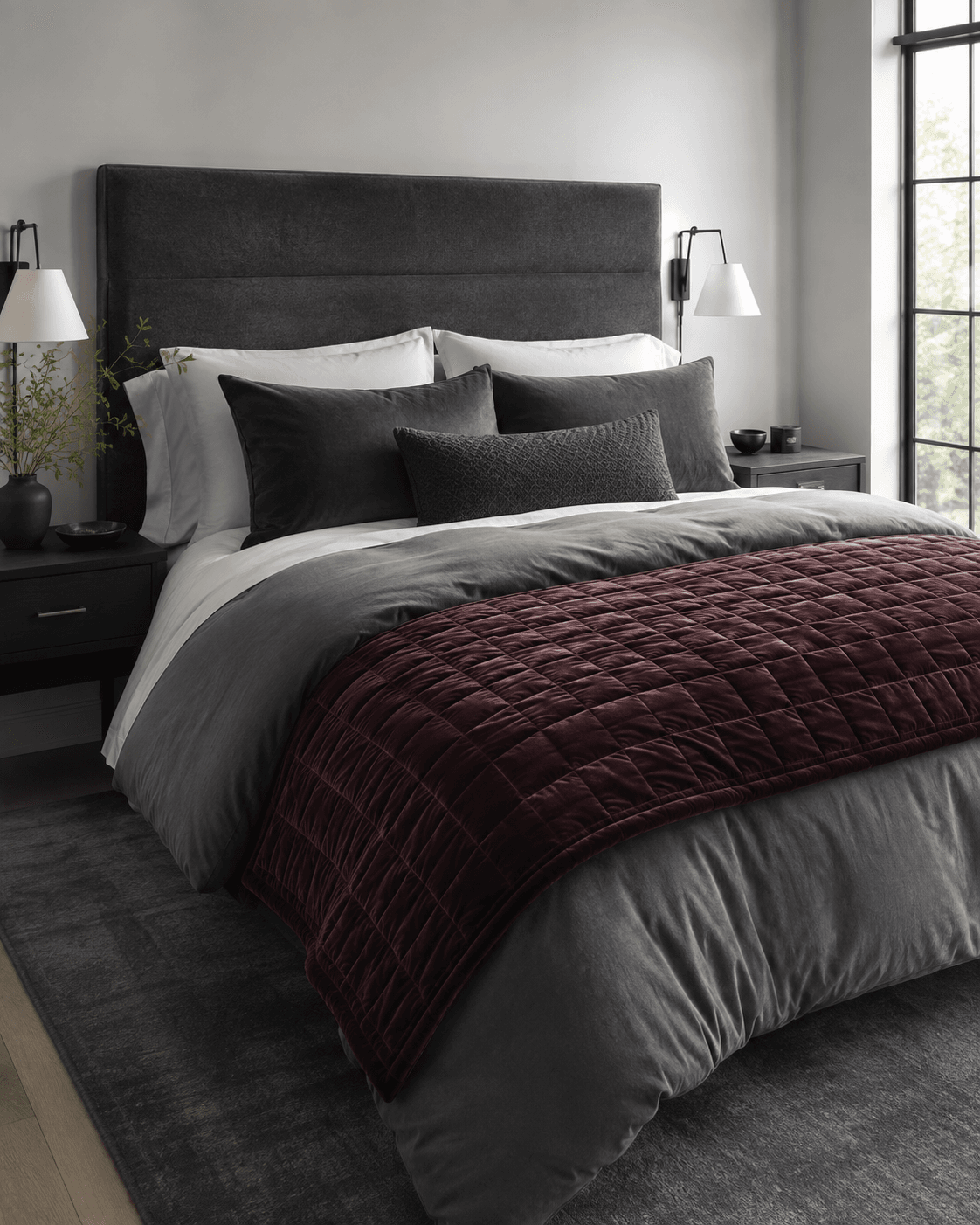 Plush layered bedroom bedding route with deeper visual weight.