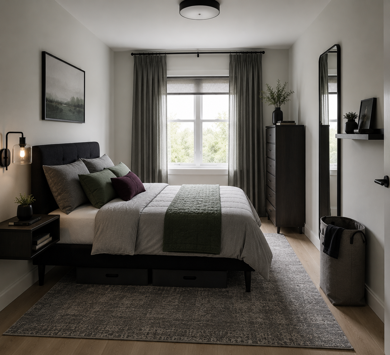 Completed small bedroom prioritizing open floor space and restrained storage.
