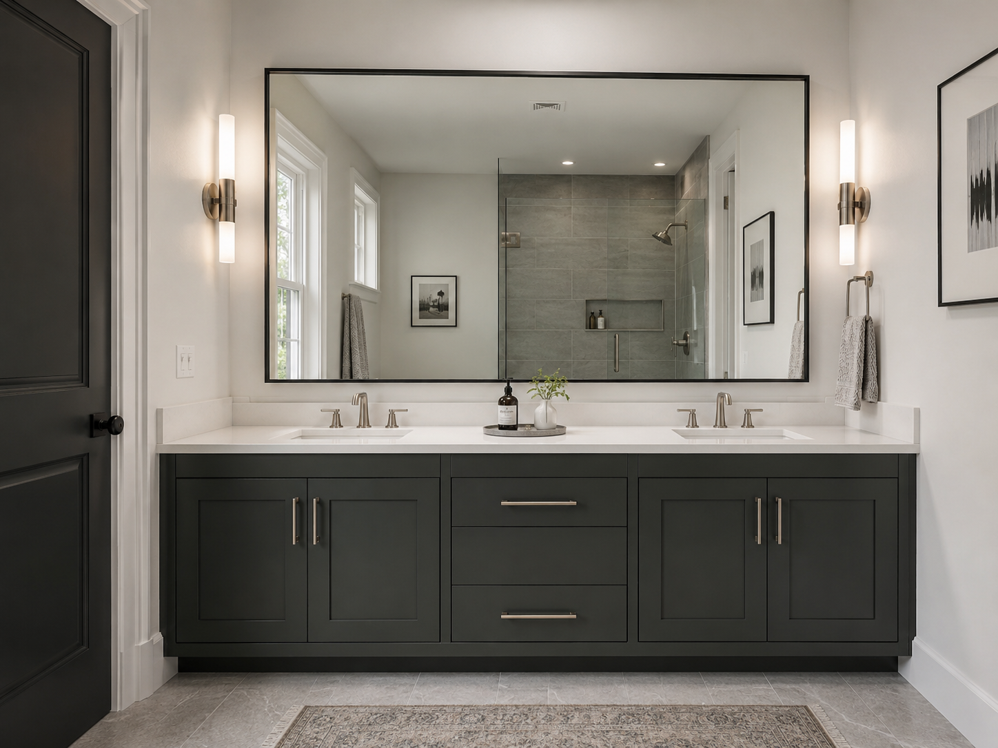 Finished double vanity with a wide mirror, balanced lighting and controlled countertop