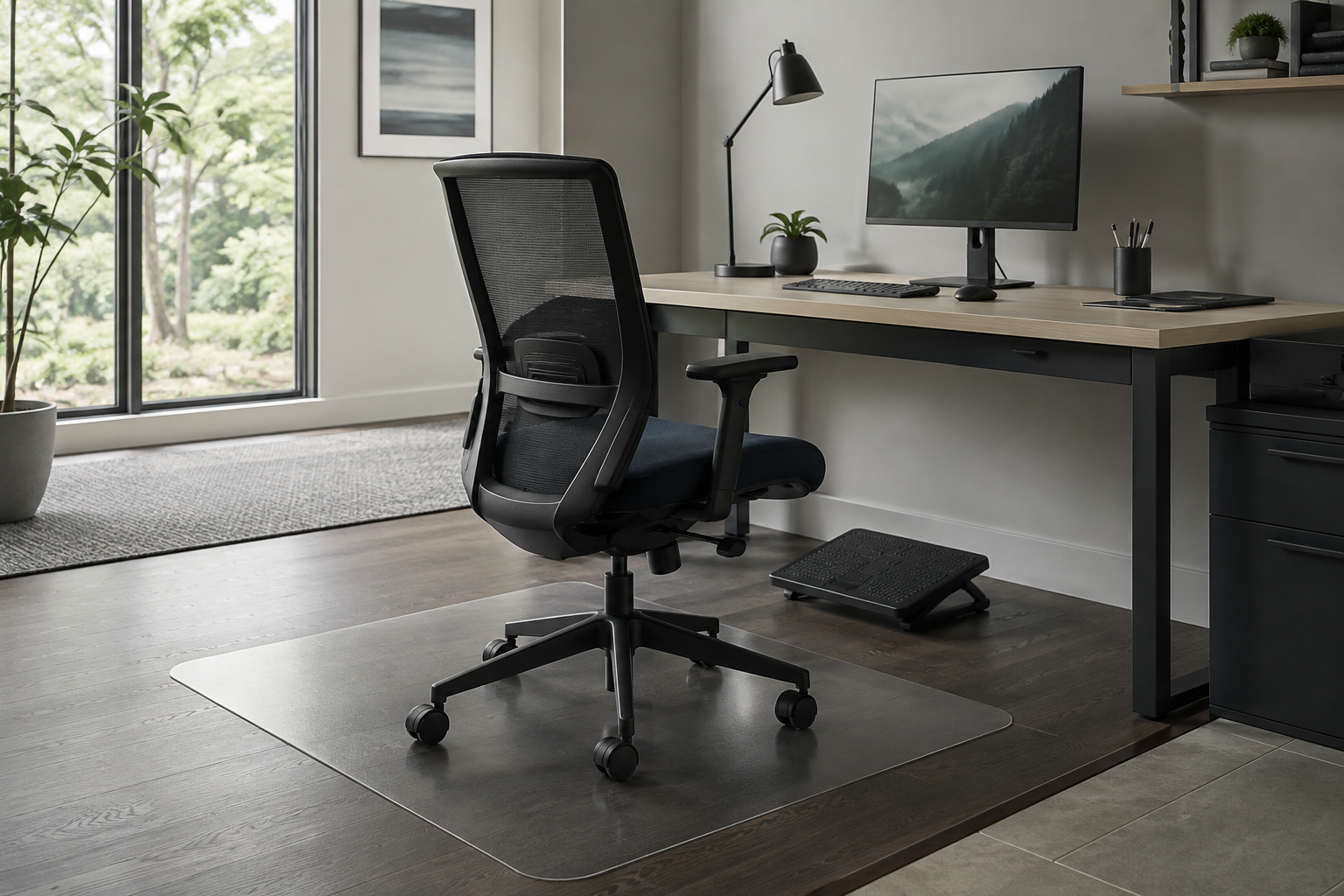 Home office chair setup showing desk clearance, footrest and protected rolling area