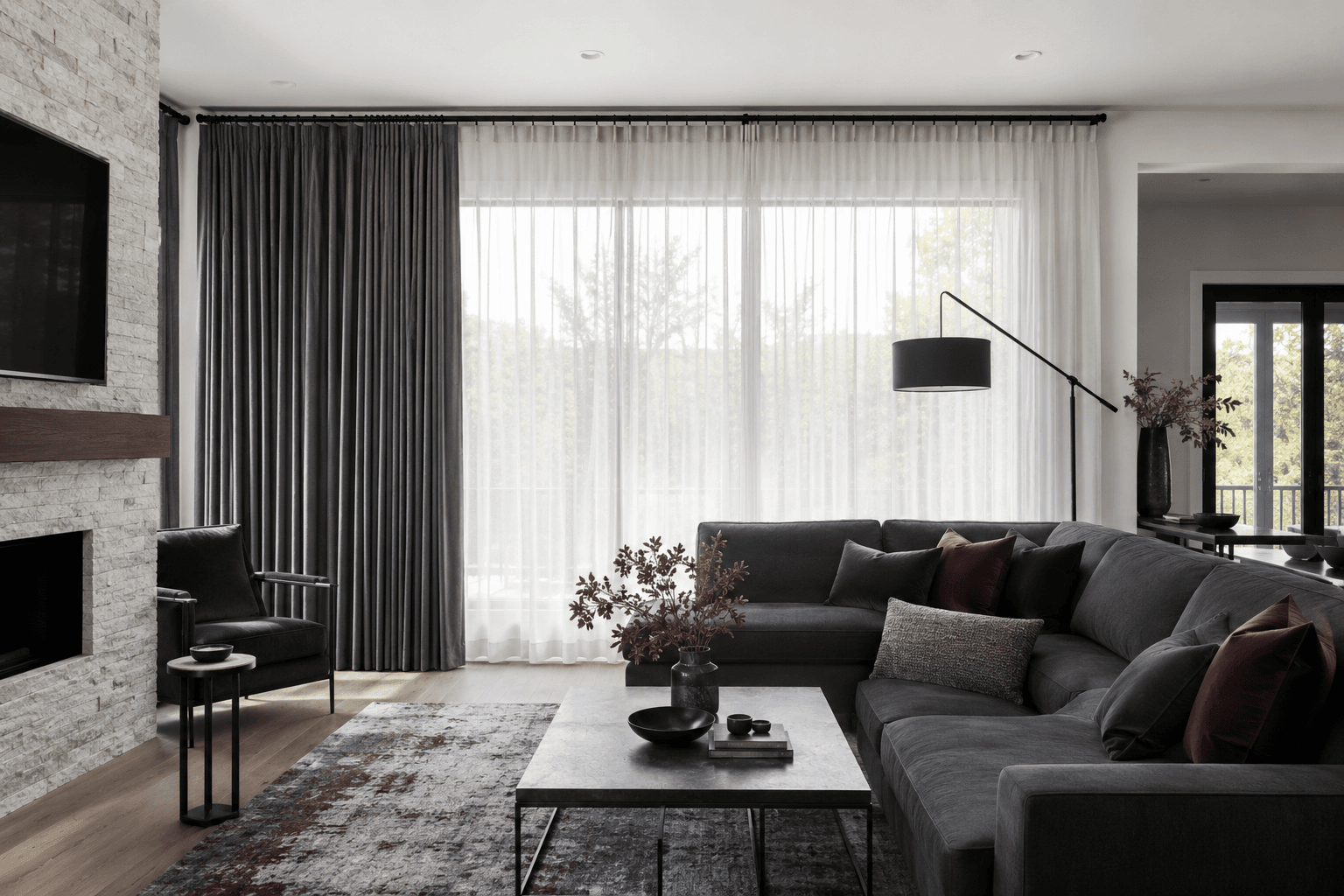 Living Room Curtains - Ravnora Decor Finished living room curtain wall with layered sheers, dark outer curtains and black hardware