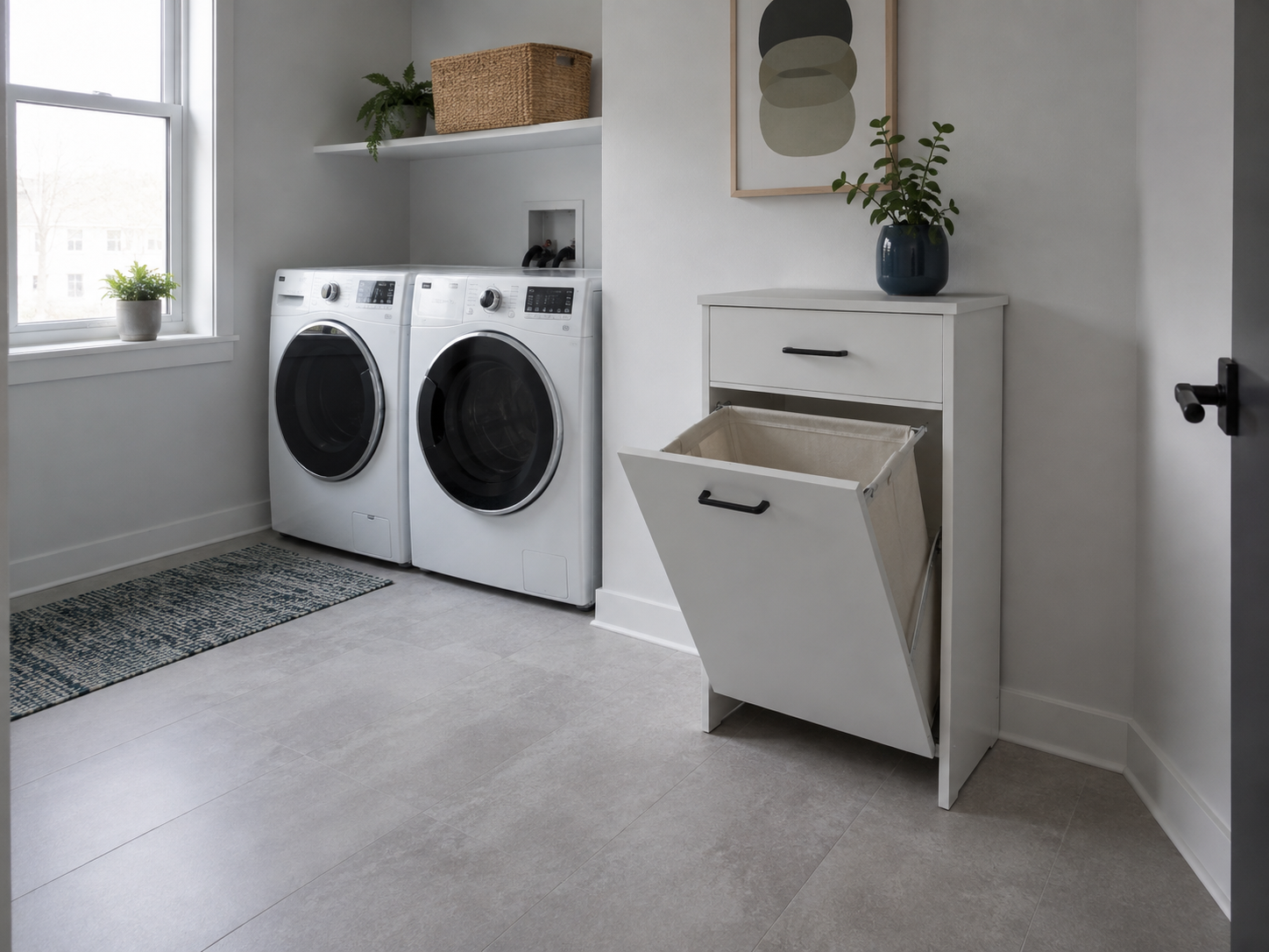 Laundry Hampers - Ravnora Decor Single tilt-out laundry hamper cabinet opened with clear floor space preserved for the door path.