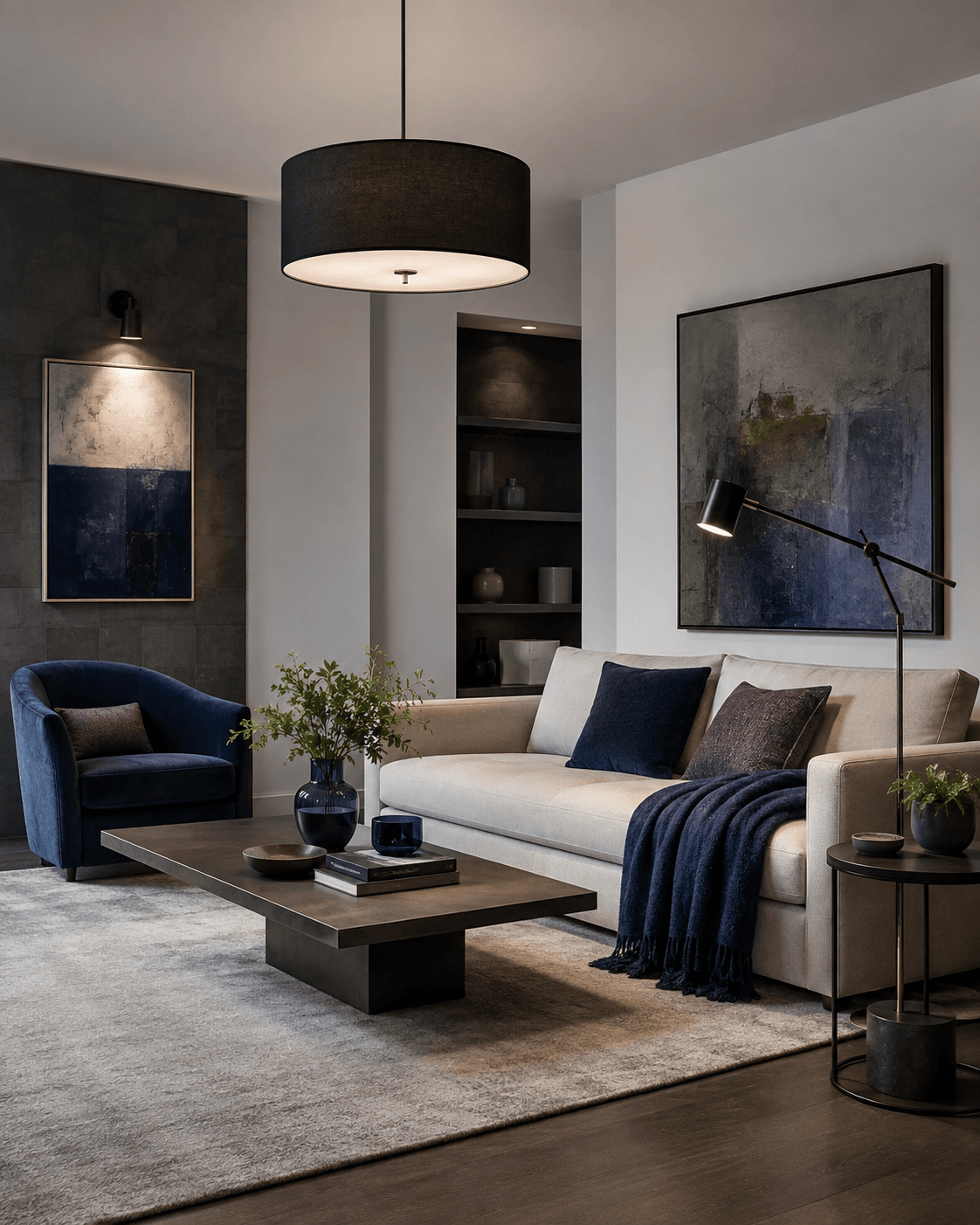 Coordinated living room showing ambient, task and accent lighting working together.