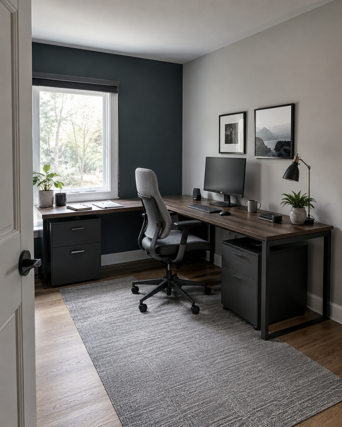 L-shaped home office with separate monitor and document zones and clear access around the chair.