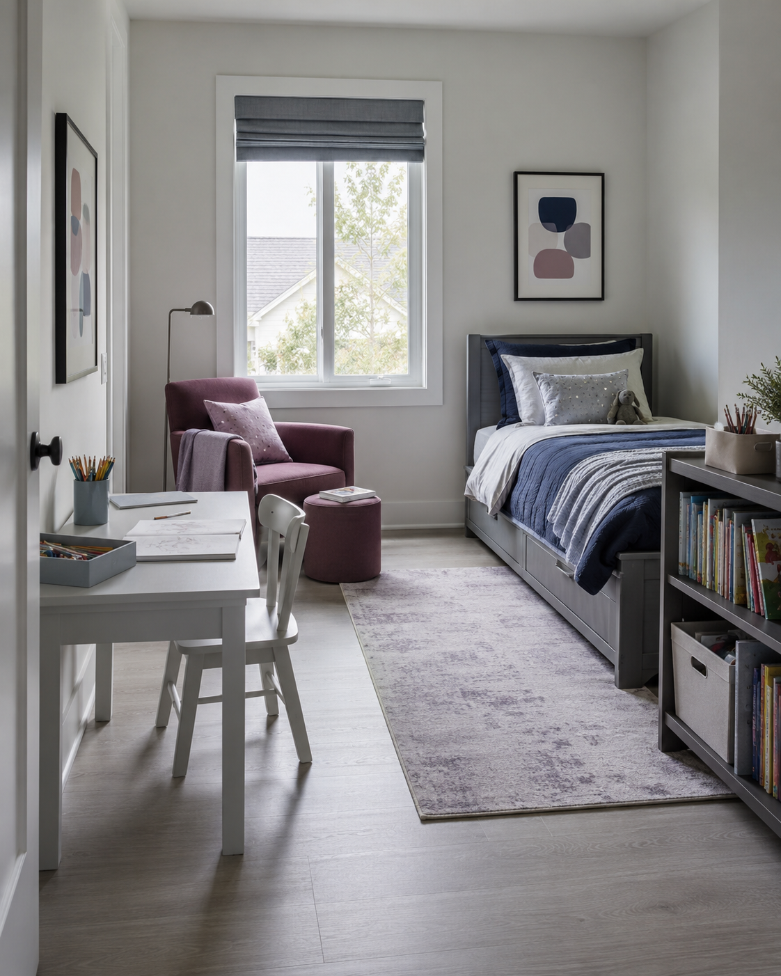 Creative kids bedroom with bed, activity table, plum reading chair and accessible book storage.