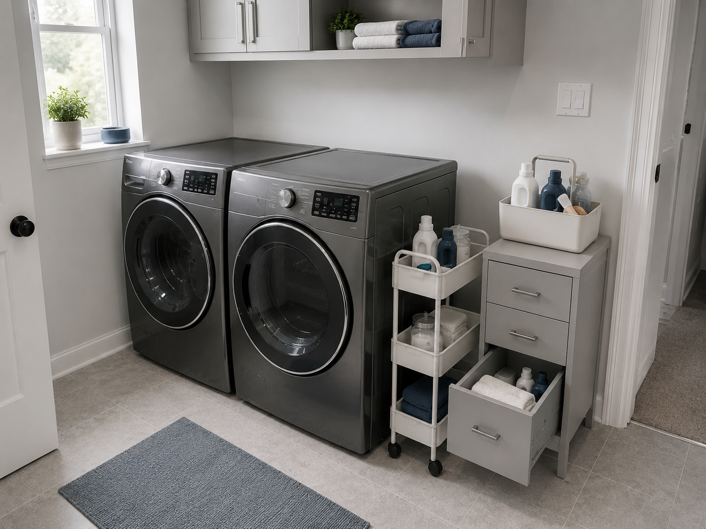 Slim rolling cart, drawer unit and handled caddy keeping everyday laundry supplies within reach beside clear appliances.