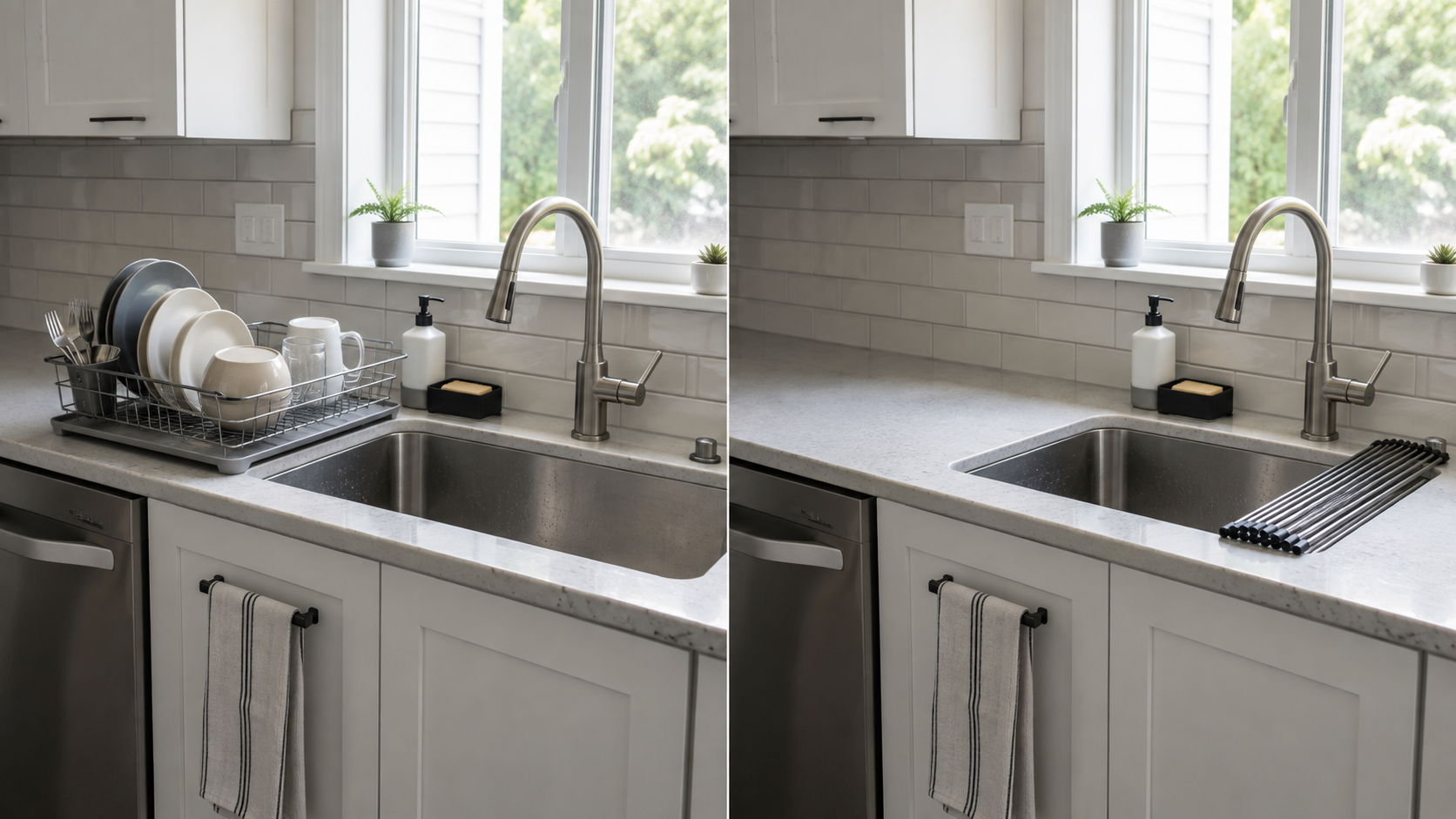 Same kitchen sink comparing an active drying footprint with the counter after the drying system is parked.