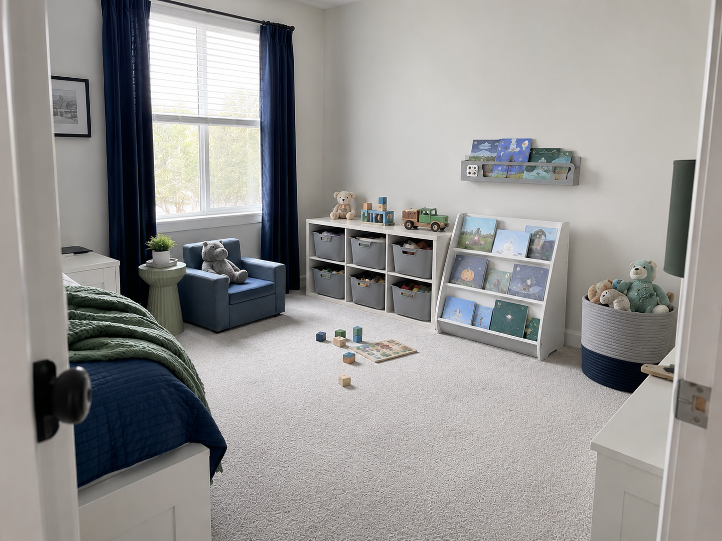 Kids Room Storage - Ravnora Decor Kids room showing a low daily-return storage setup.