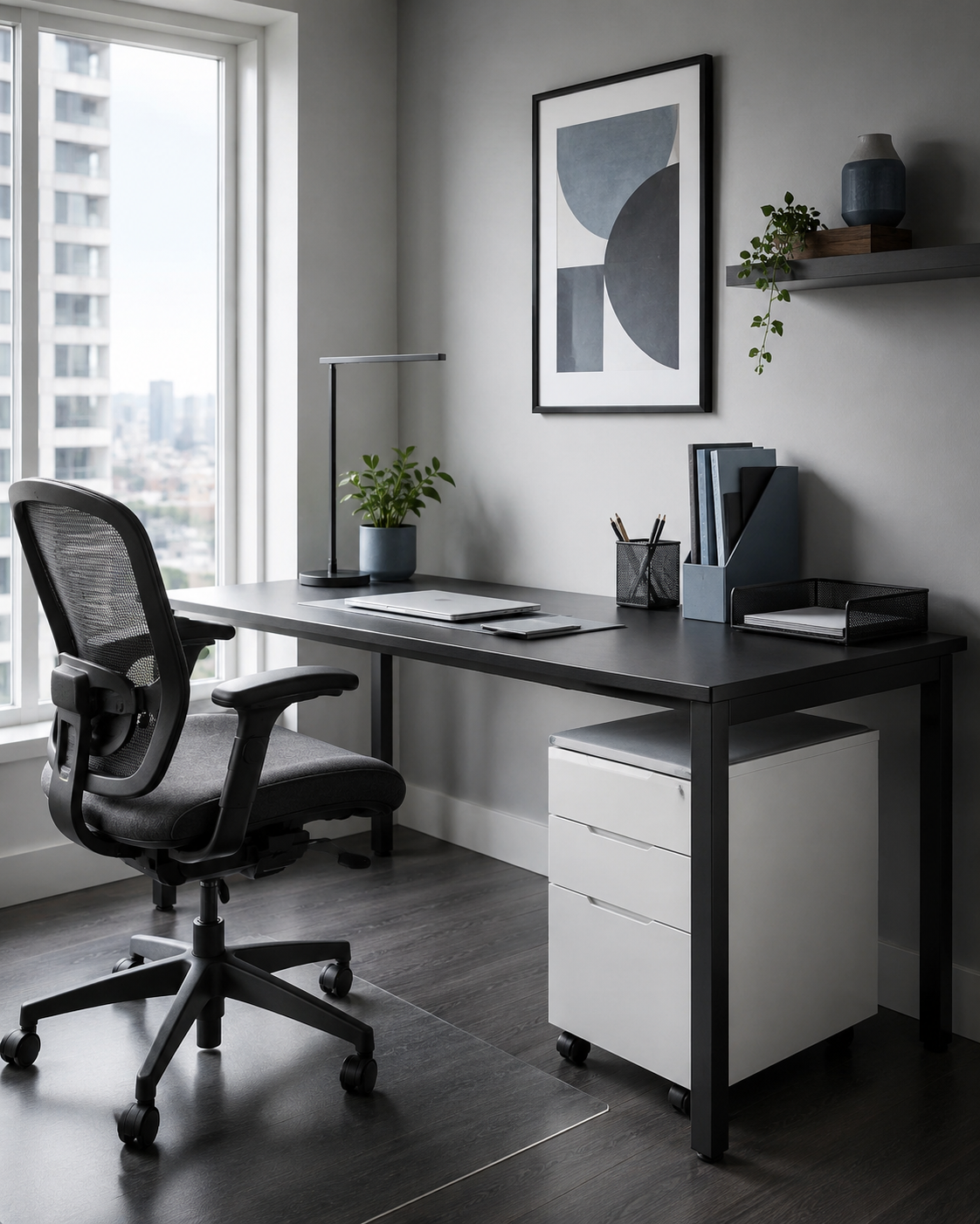 Compact home office desk with mobile white file cabinet and controlled desktop organizers