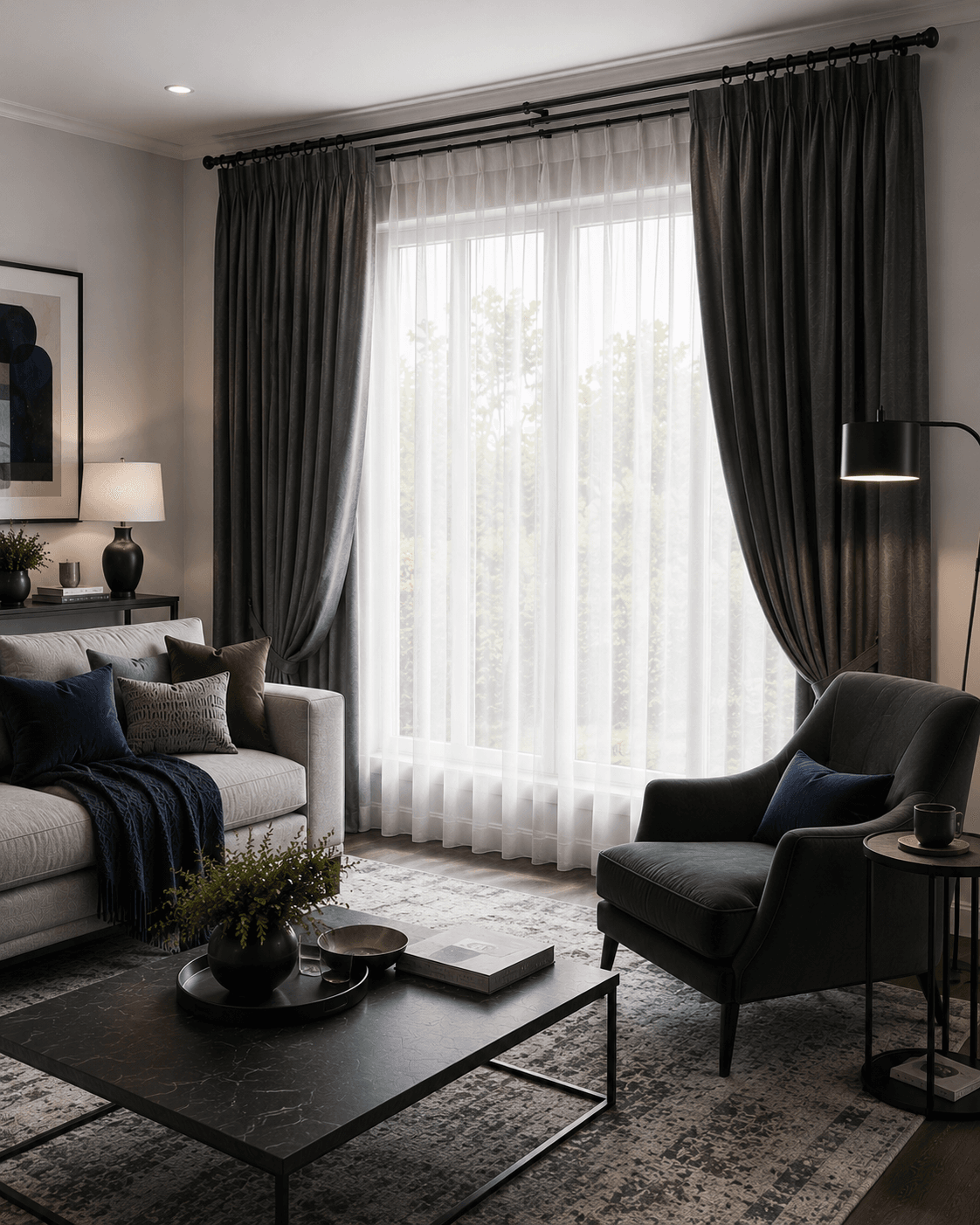 Living Room Curtains - Ravnora Decor Living room with a white sheer inner curtain and darker outer privacy curtains on layered hardware