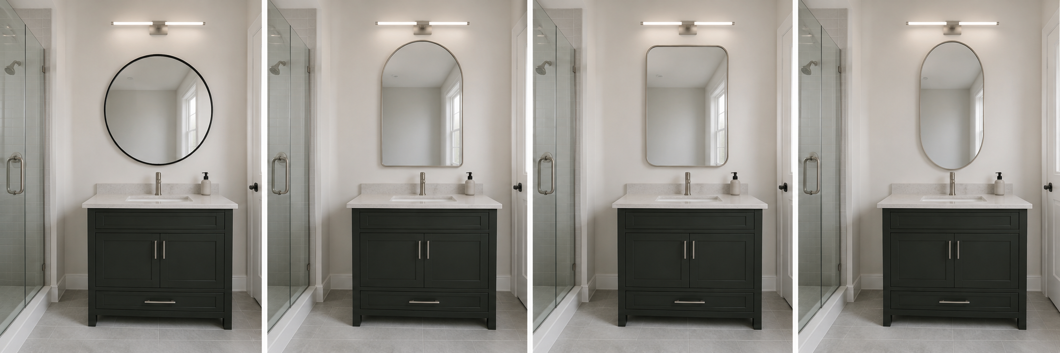 Same vanity wall shown with round, arched, rounded rectangle and pill shaped bathroom mirrors