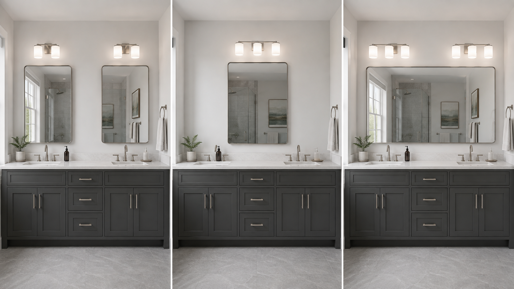 Same double vanity compared with a central mirror, two individual mirrors and one wide shared mirror
