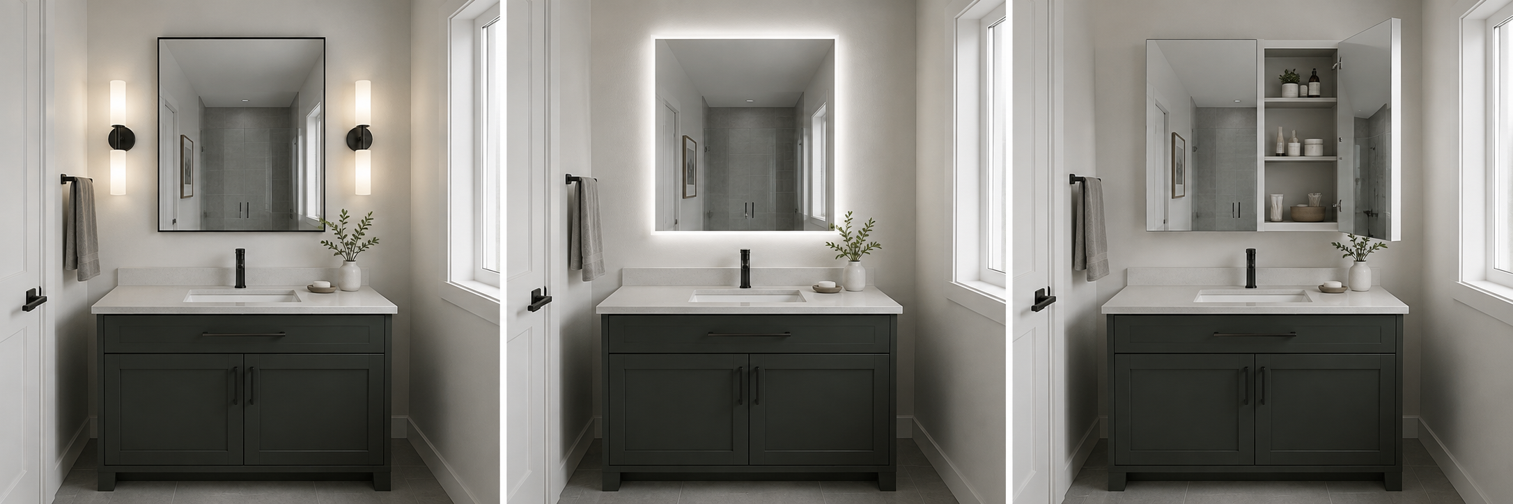 Same bathroom vanity comparing a standard mirror, integrated LED mirror and mirrored medicine cabinet