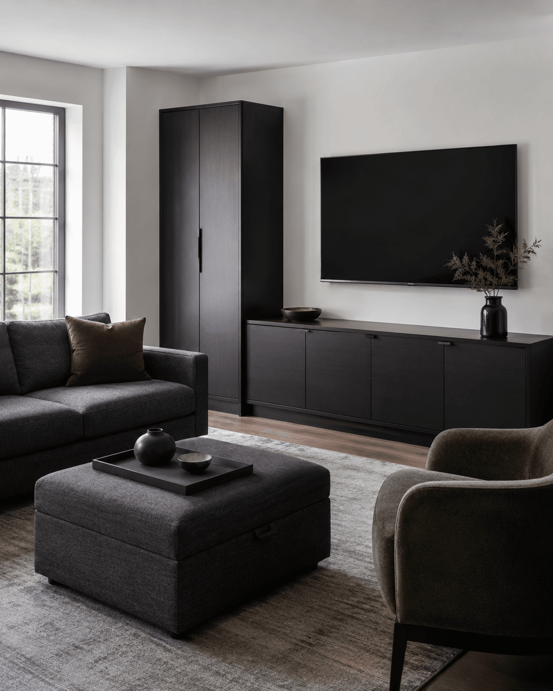 Living Room Storage - Ravnora Decor Living room using mostly closed storage to reduce visual clutter.