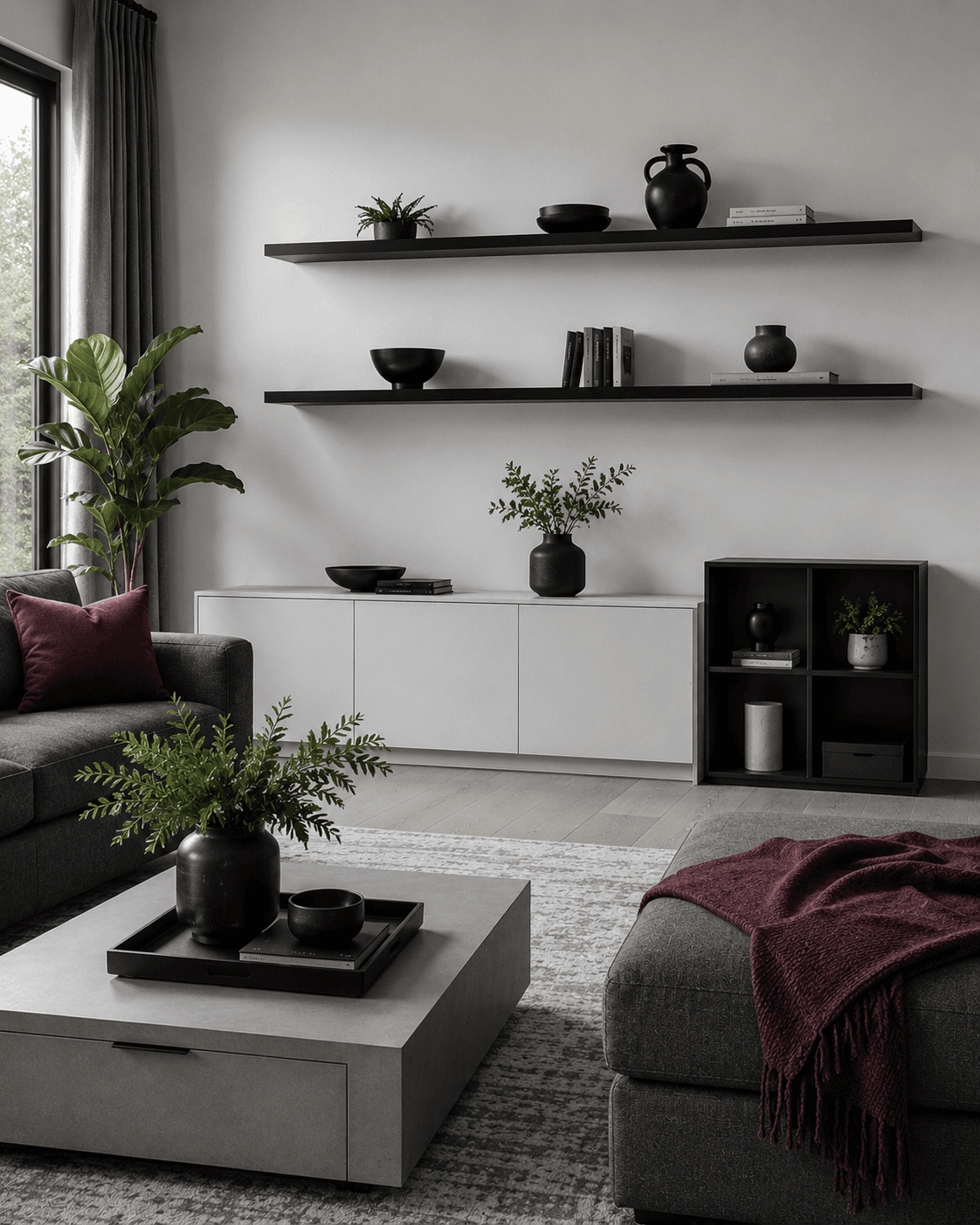 Living Room Storage - Ravnora Decor Living room using light open storage and wall shelves.