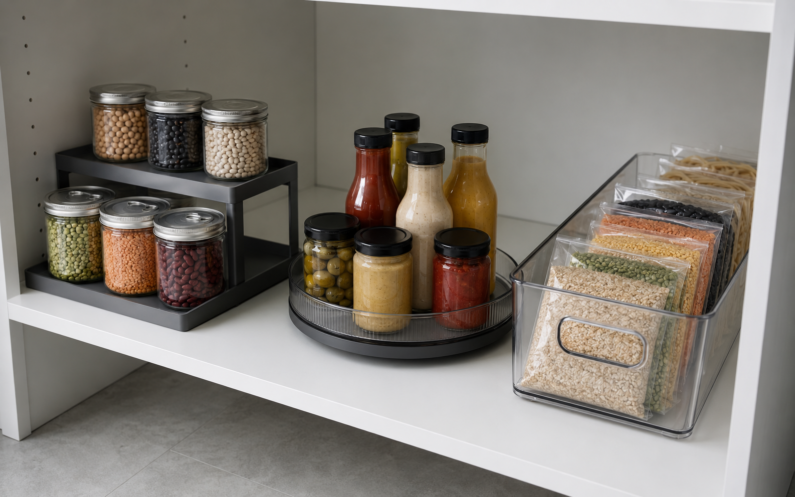Kitchen Pantry Organization - Ravnora Decor Tiered visibility area on a deep pantry shelf.