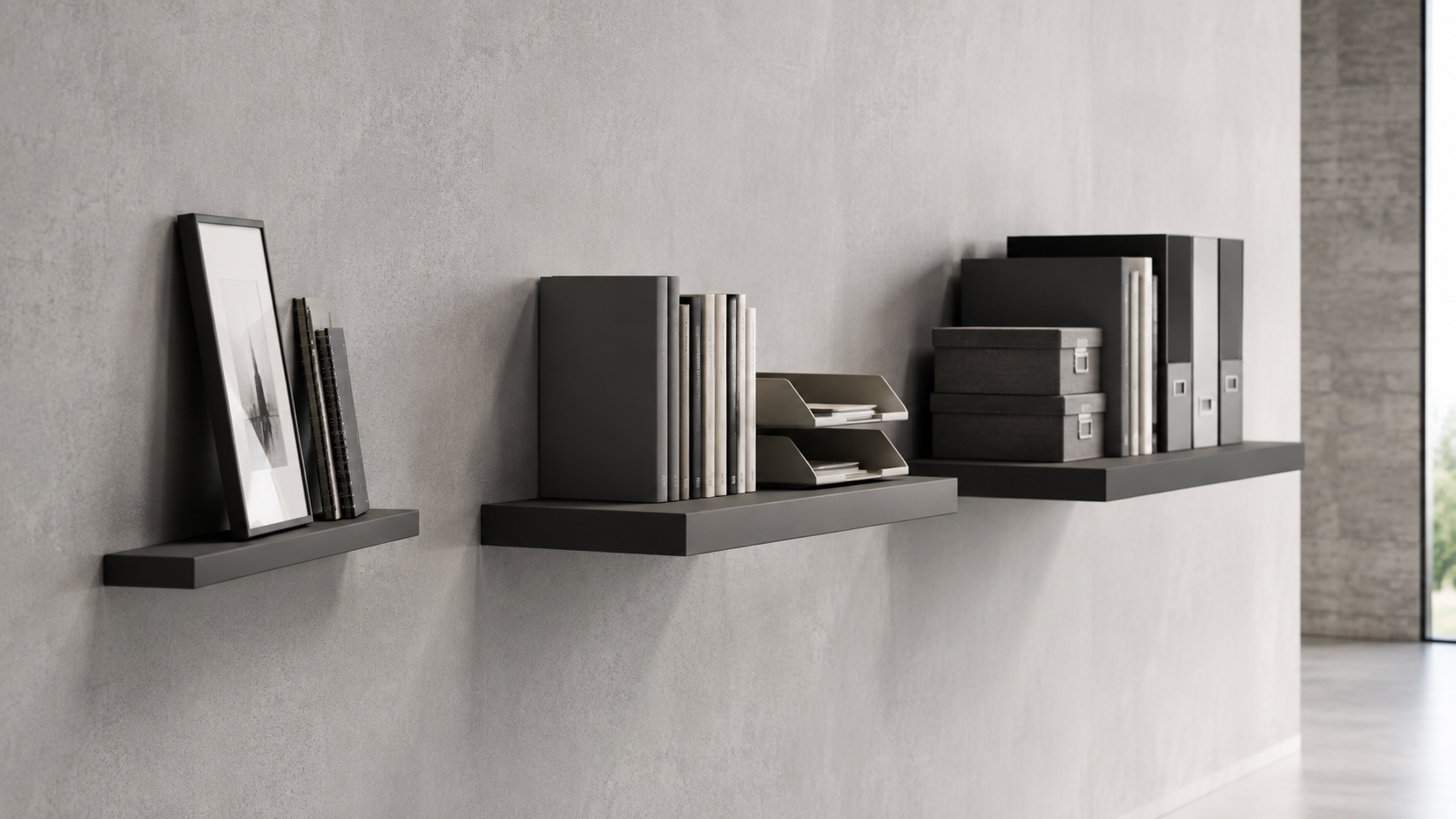 Comparison of shallow, medium and deeper office shelves with different storage uses