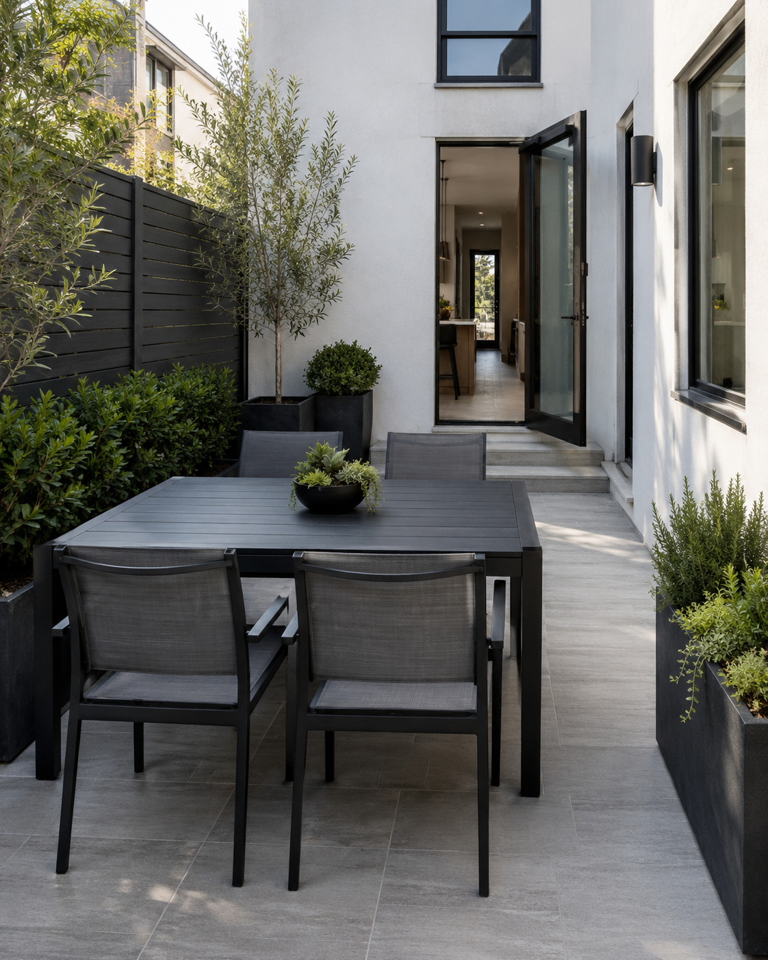 Patio Furniture - Ravnora Decor Modern outdoor dining table and chairs arranged with visible chair pullback space and a clear walkway beside the patio doorway.