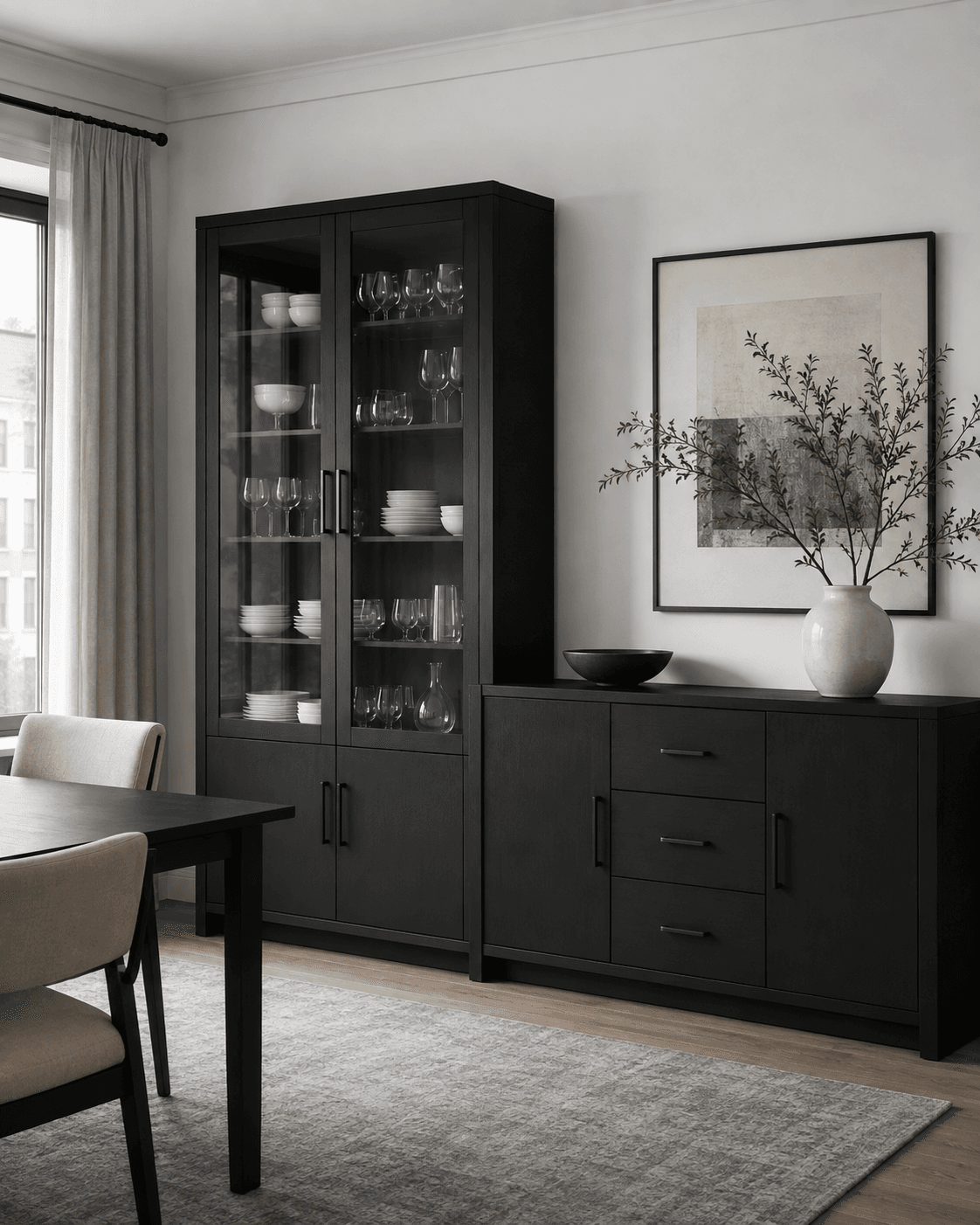 Dining storage wall combining glass display and concealed cabinets