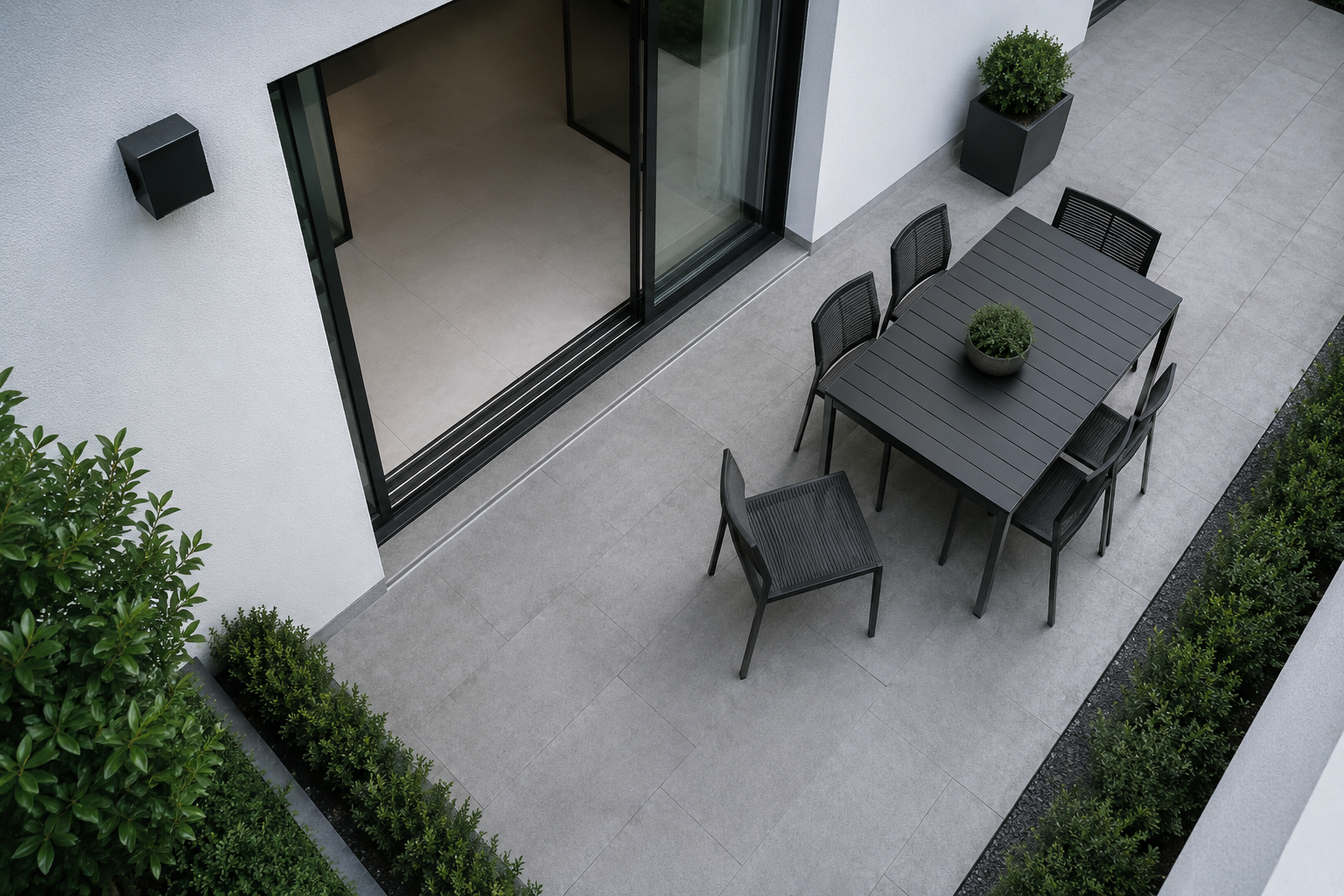 Patio Furniture - Ravnora Decor Elevated view of patio furniture positioned beside an open sliding door with visible chair movement and an uninterrupted walking lane.