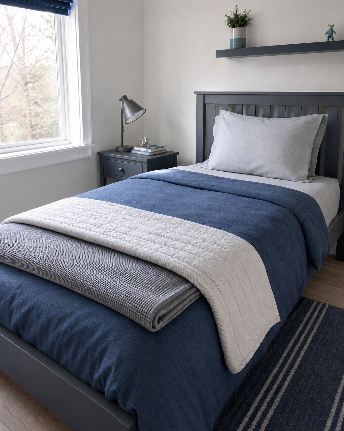 Easy-change kids bedding route with a quiet gray base, blue duvet and removable quilt and blanket layers.