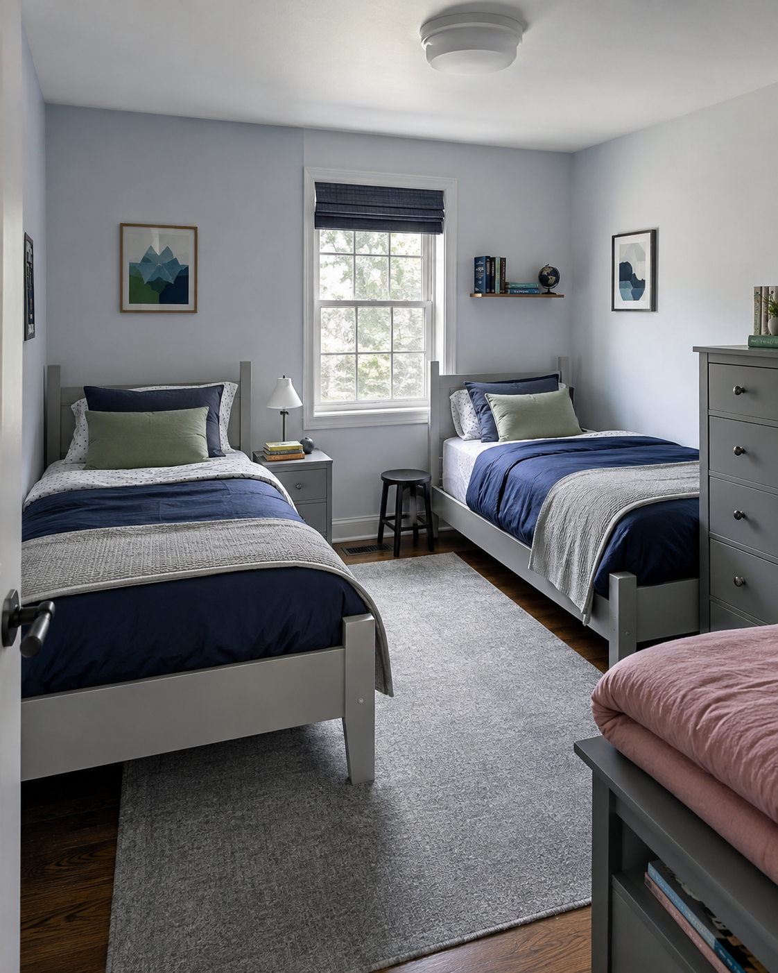 Shared kids room with coordinated cool-neutral bases, navy bedding and muted green accents.