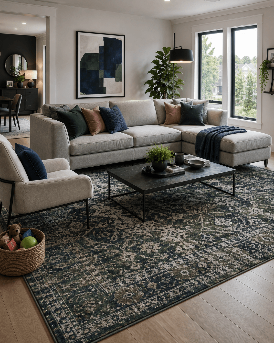 High-traffic living room with a large low-profile patterned rug connecting the seating.